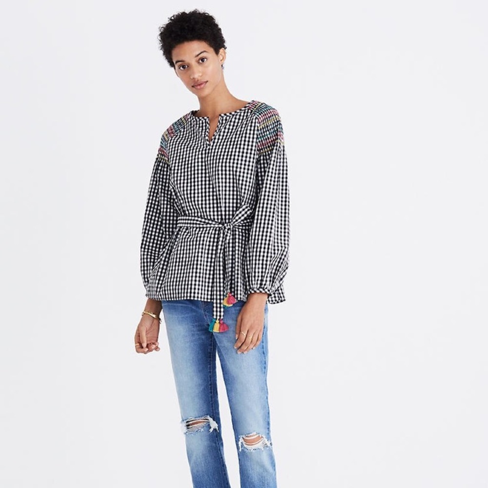 Madewell Gingham tassel tie top black white xsmall